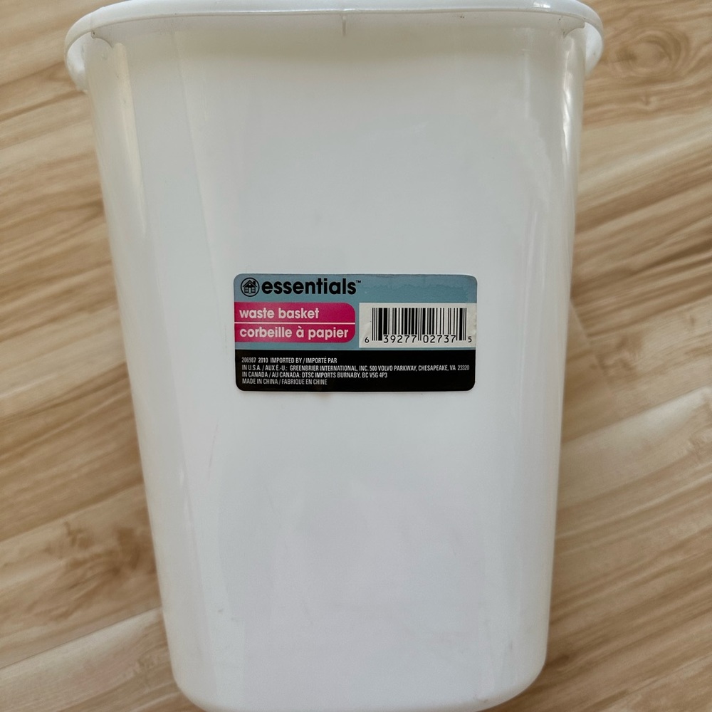 Essentials- Waste basket- white! Gently used! Must sell